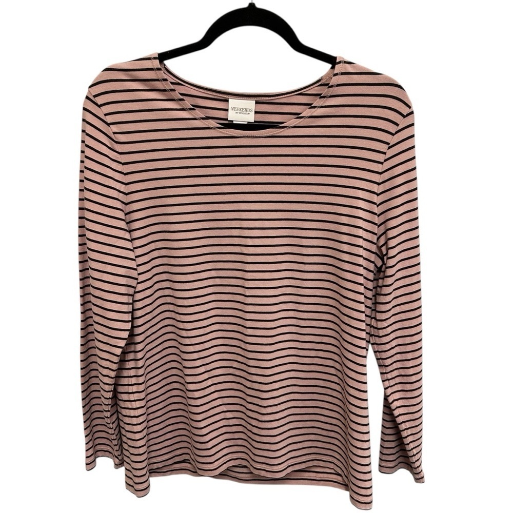 Chico’s black and blush pink striped long sleeve casual tunic top Medium